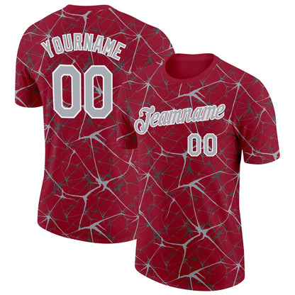 Custom Crimson Gray-White Abstract Network Crackle Performance T-Shirt