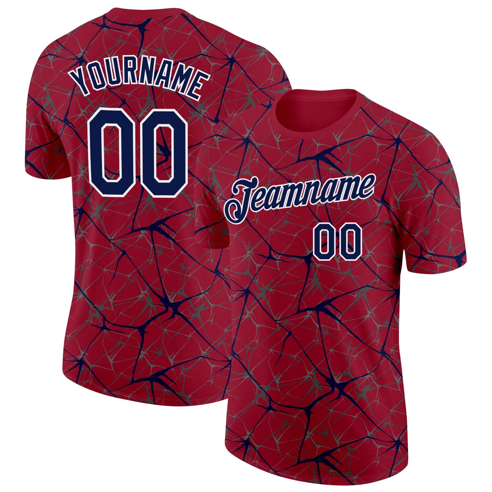 Custom Crimson Navy Gray-White Abstract Network Crackle Performance T-Shirt