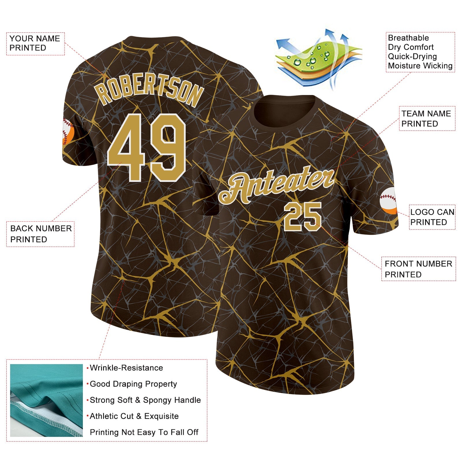 Custom Brown Old Gold Gray-White Abstract Network Crackle Performance T-Shirt