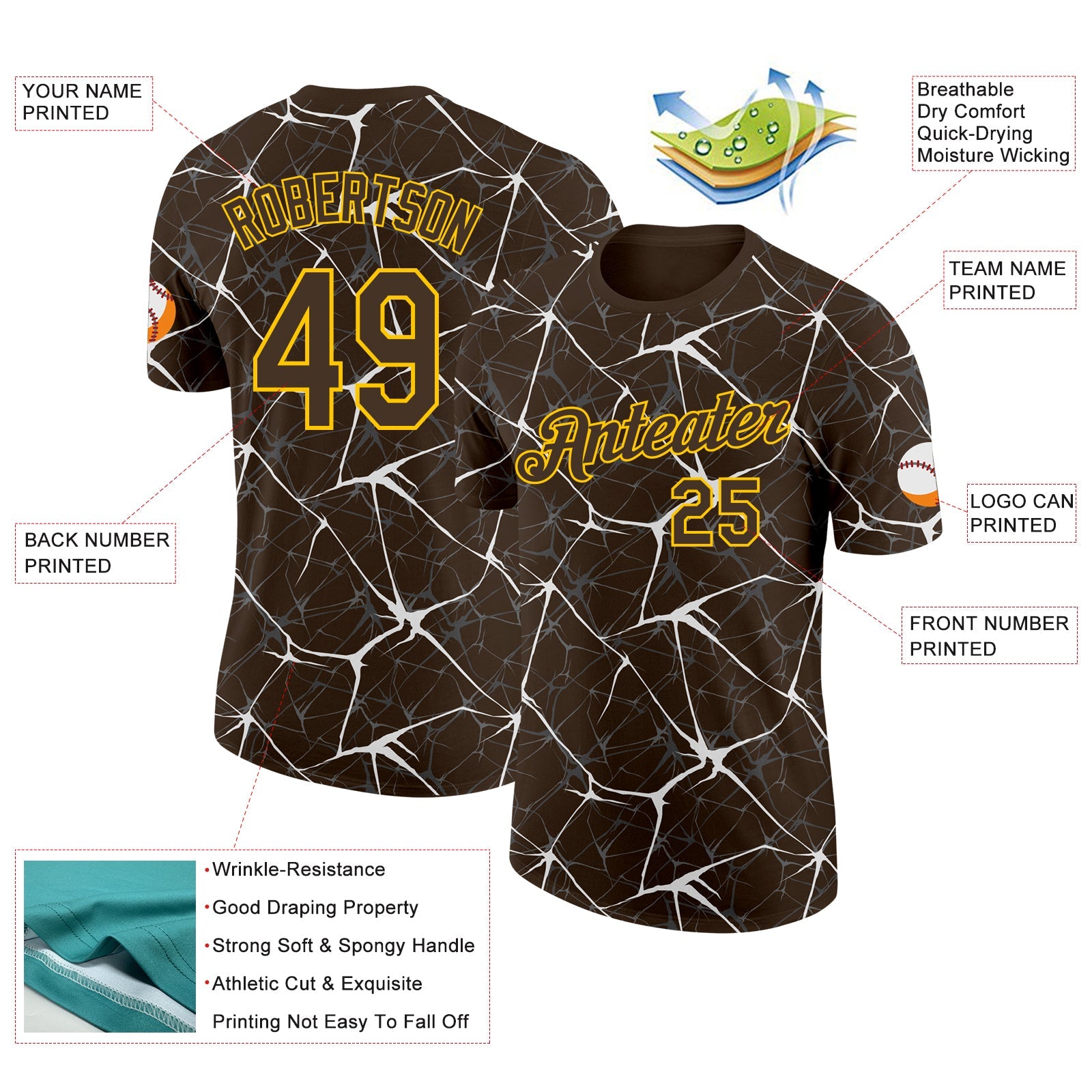 Custom Brown White Gray-Yellow Abstract Network Crackle Performance T-Shirt