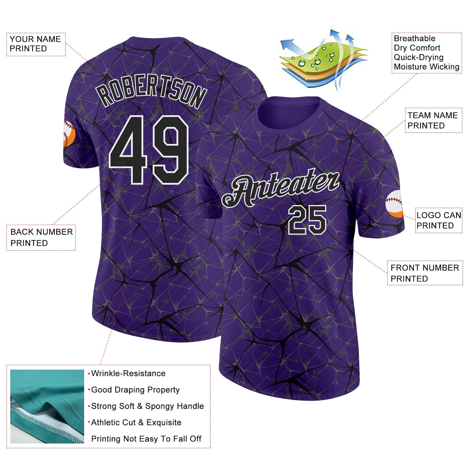 Custom Purple Black Gray-White Abstract Network Crackle Performance T-Shirt