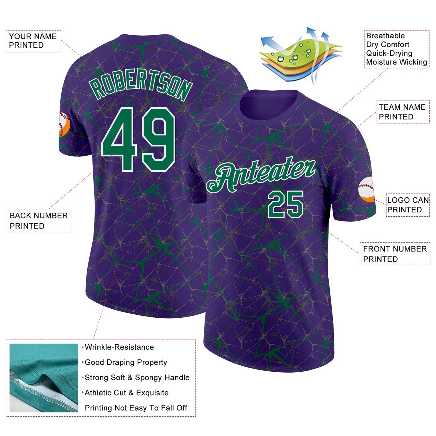 Custom Purple Kelly Green Gray-White Abstract Network Crackle Performance T-Shirt