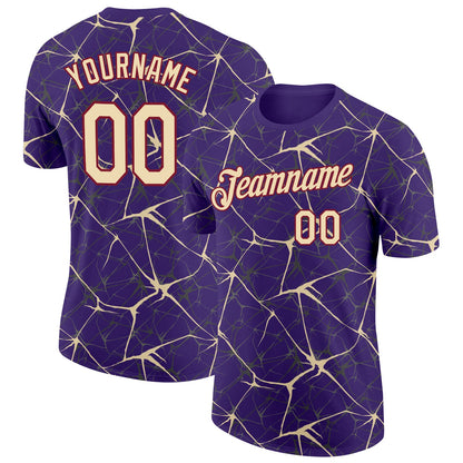 Custom Purple Cream Gray-Crimson Abstract Network Crackle Performance T-Shirt