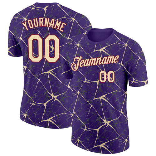 Custom Purple Cream Gray-Crimson Abstract Network Crackle Performance T-Shirt