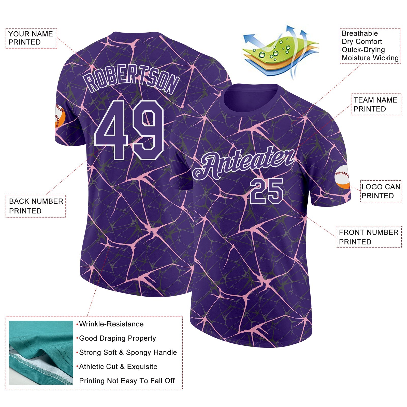Custom Purple Light Pink Gray-White Abstract Network Crackle Performance T-Shirt