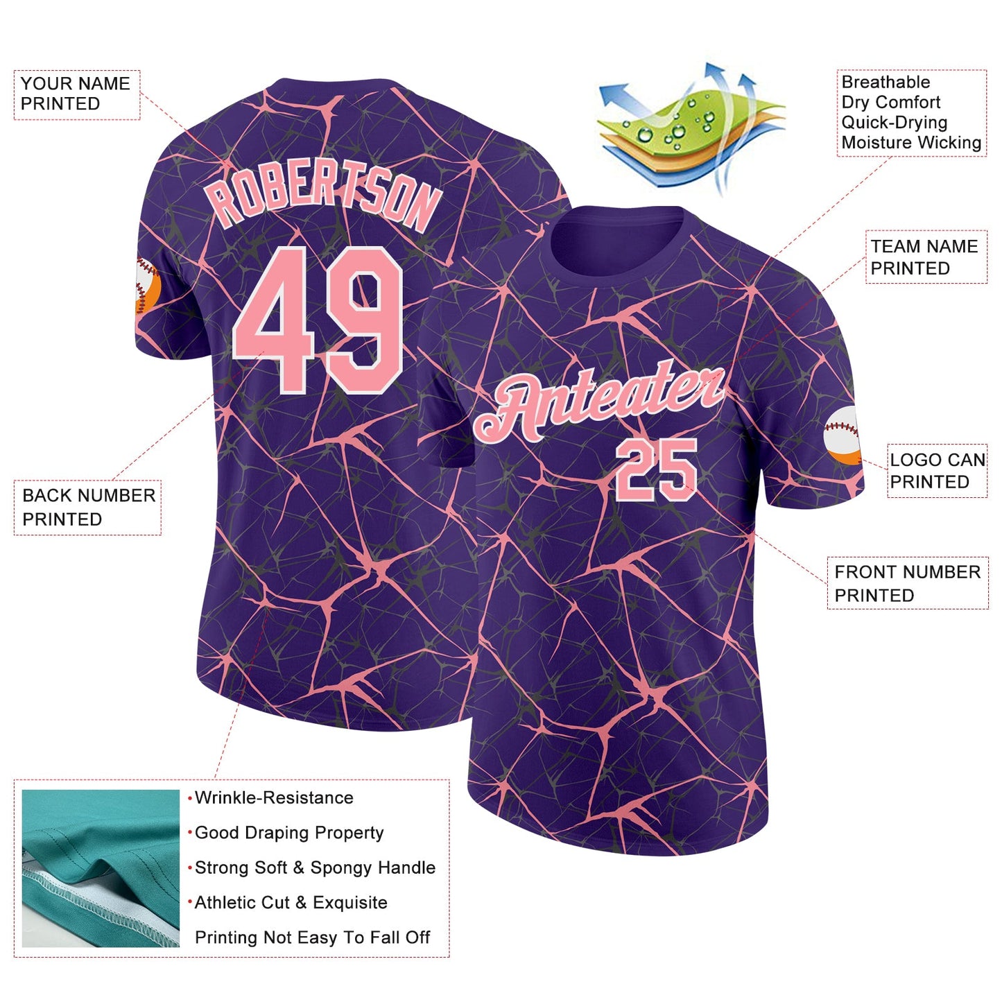 Custom Purple Medium Pink Gray-White Abstract Network Crackle Performance T-Shirt