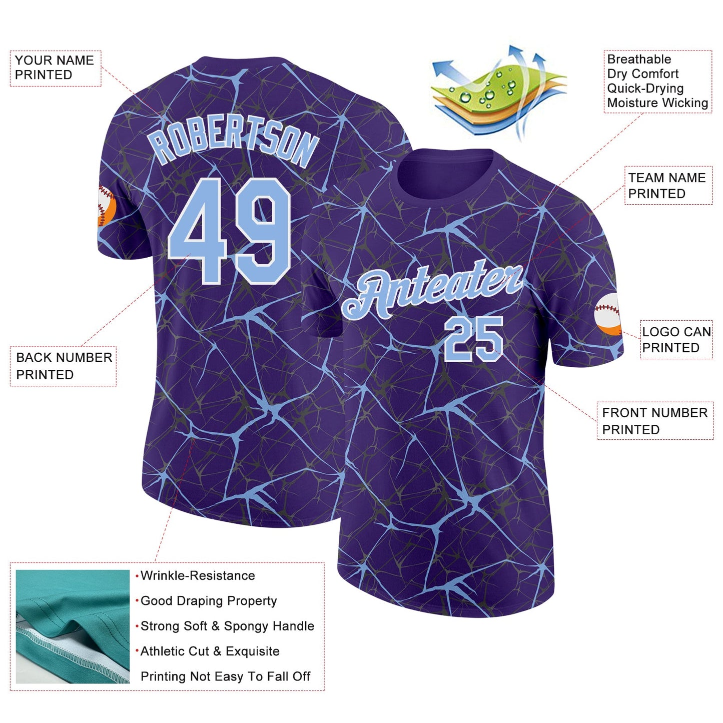 Custom Purple Light Blue Gray-White Abstract Network Crackle Performance T-Shirt