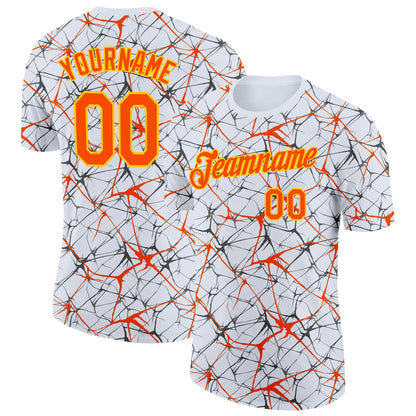 Custom White Orange Gray-Yellow Abstract Network Crackle Performance T-Shirt