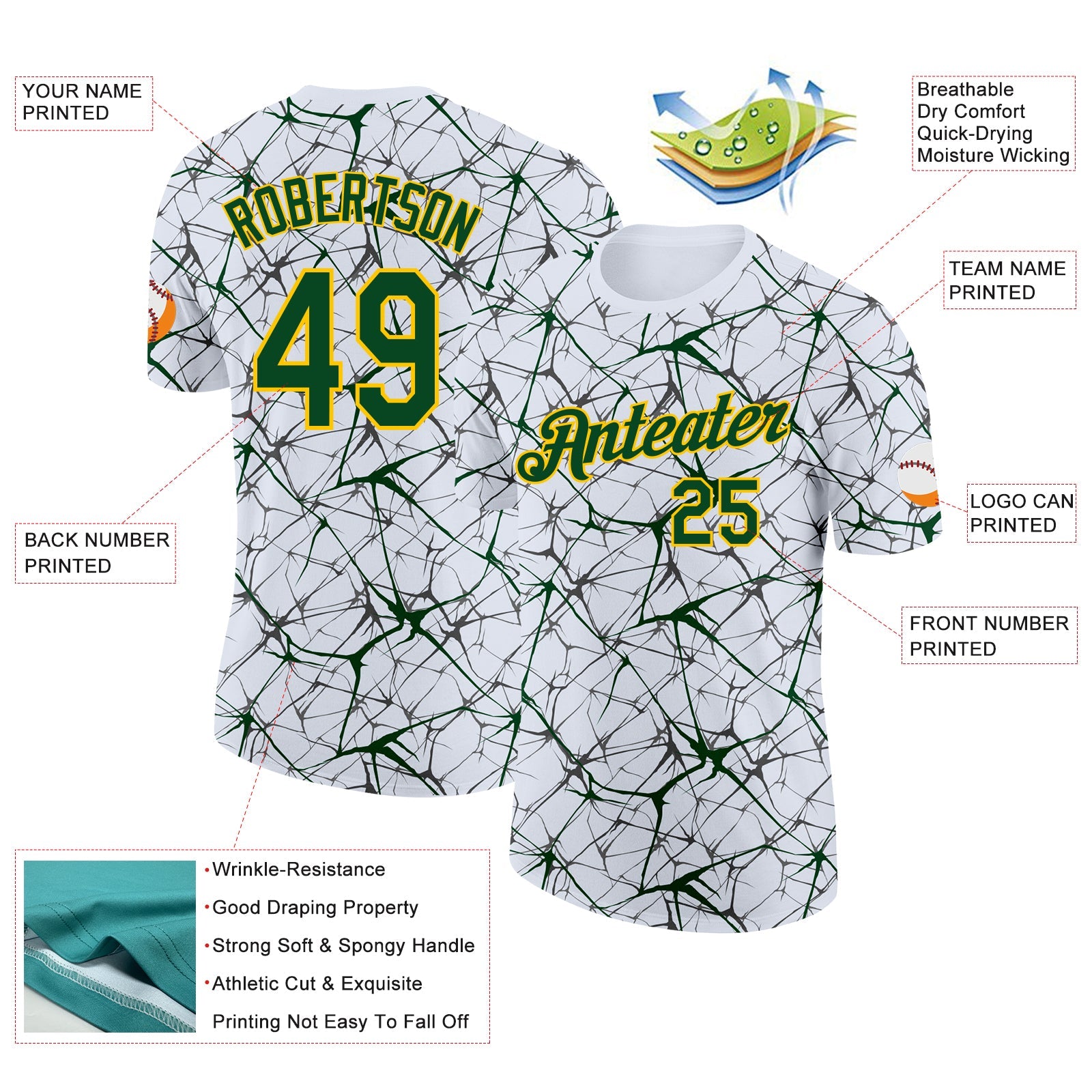 Custom White Green Gray-Yellow Abstract Network Crackle Performance T-Shirt