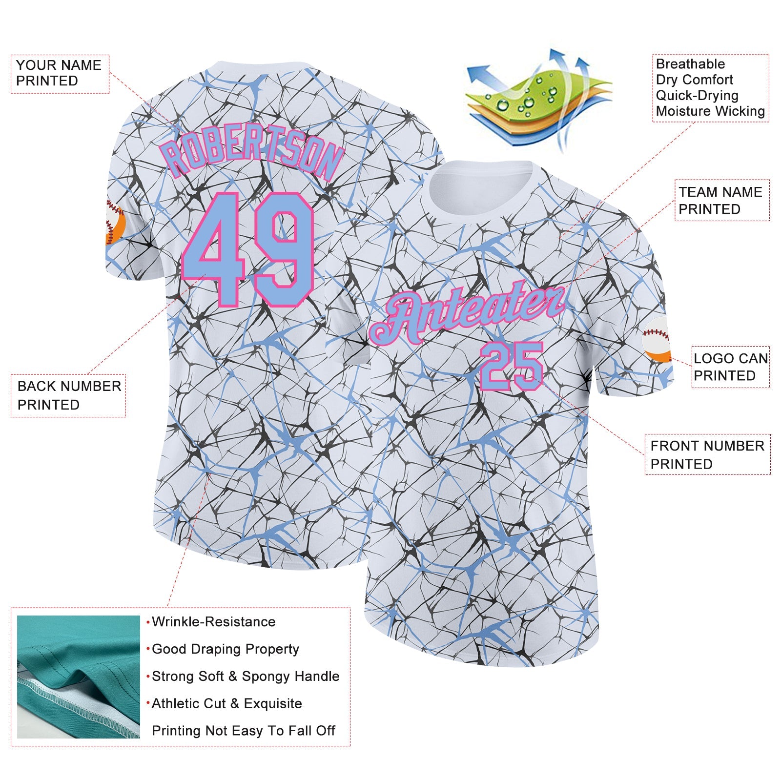 Custom White Light Blue Gray-Pink Abstract Network Crackle Performance T-Shirt