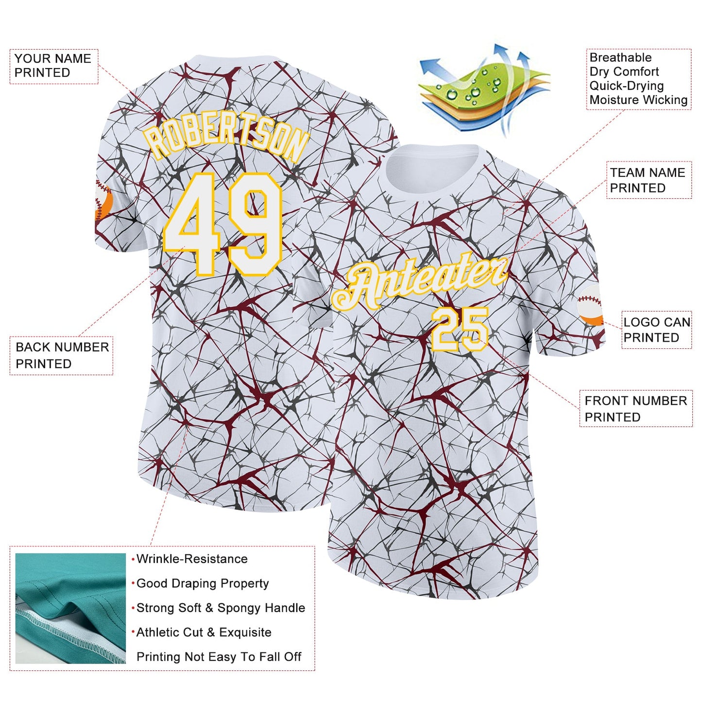 Custom White Burgundy Gray-Yellow Abstract Network Crackle Performance T-Shirt