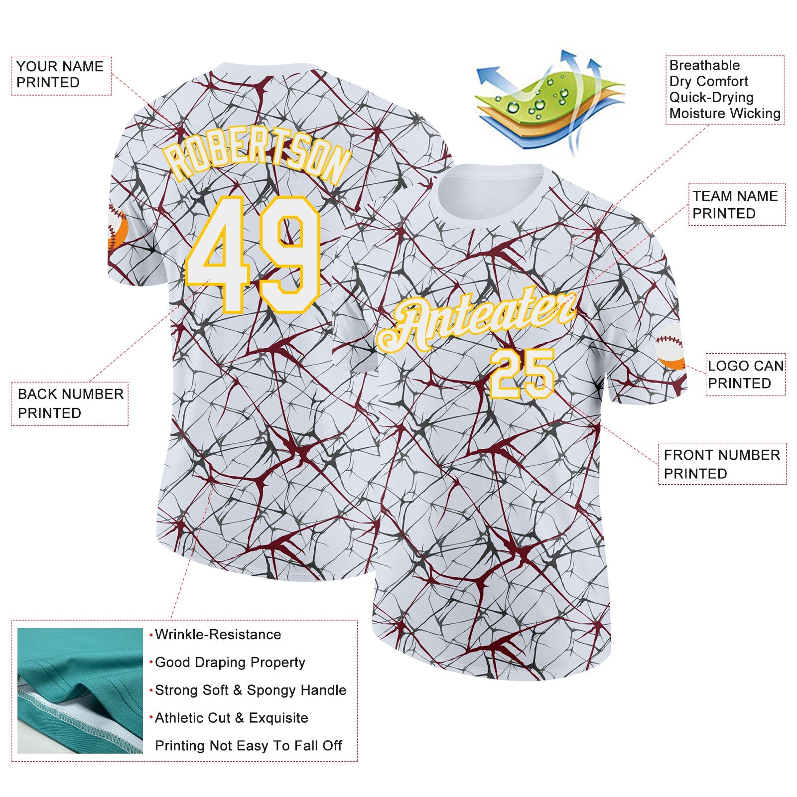 Custom White Burgundy Gray-Yellow Abstract Network Crackle Performance T-Shirt