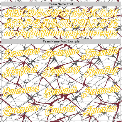 Custom White Burgundy Gray-Yellow Abstract Network Crackle Performance T-Shirt