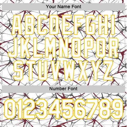 Custom White Burgundy Gray-Yellow Abstract Network Crackle Performance T-Shirt