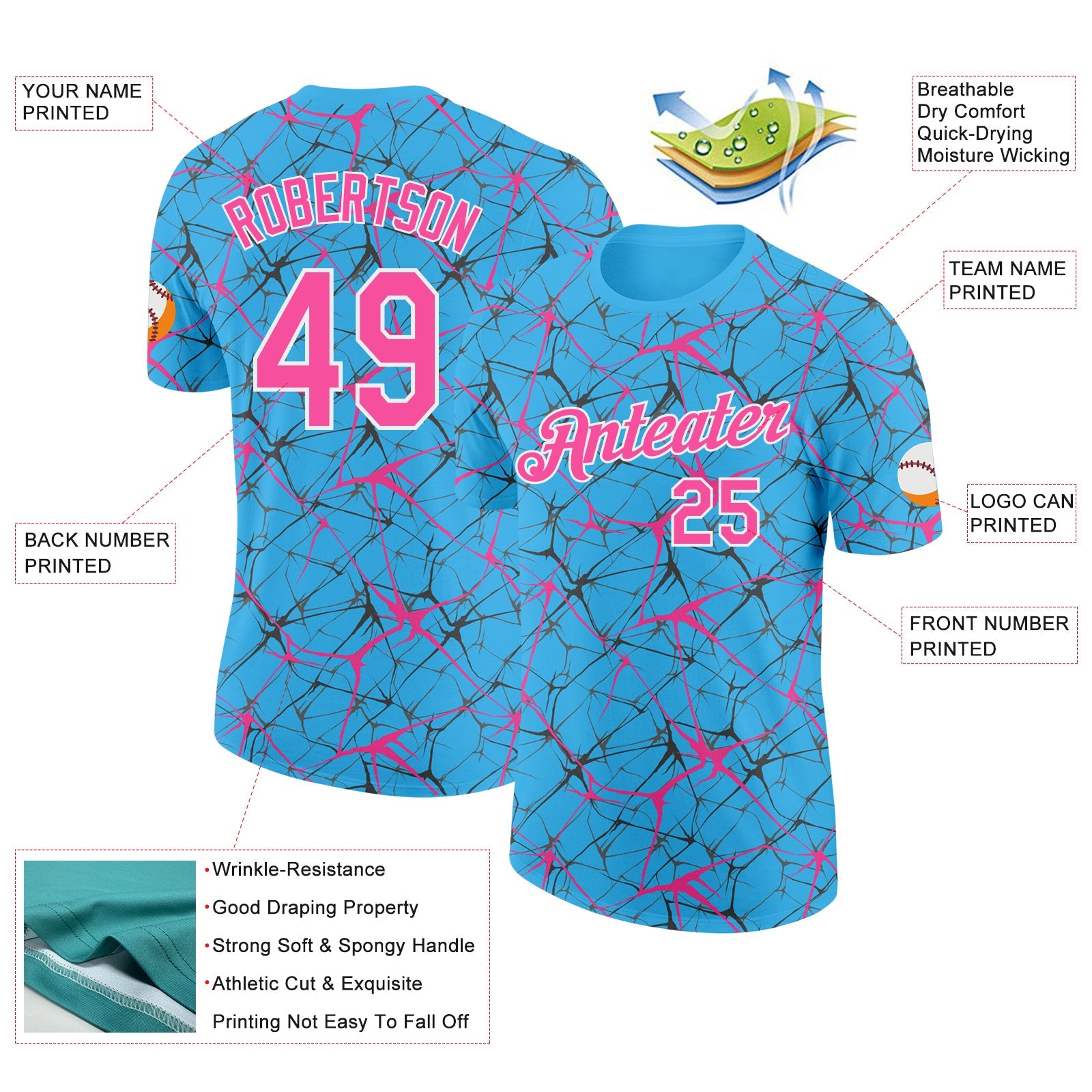 Custom Sky Blue Pink Gray-White Abstract Network Crackle Performance T-Shirt