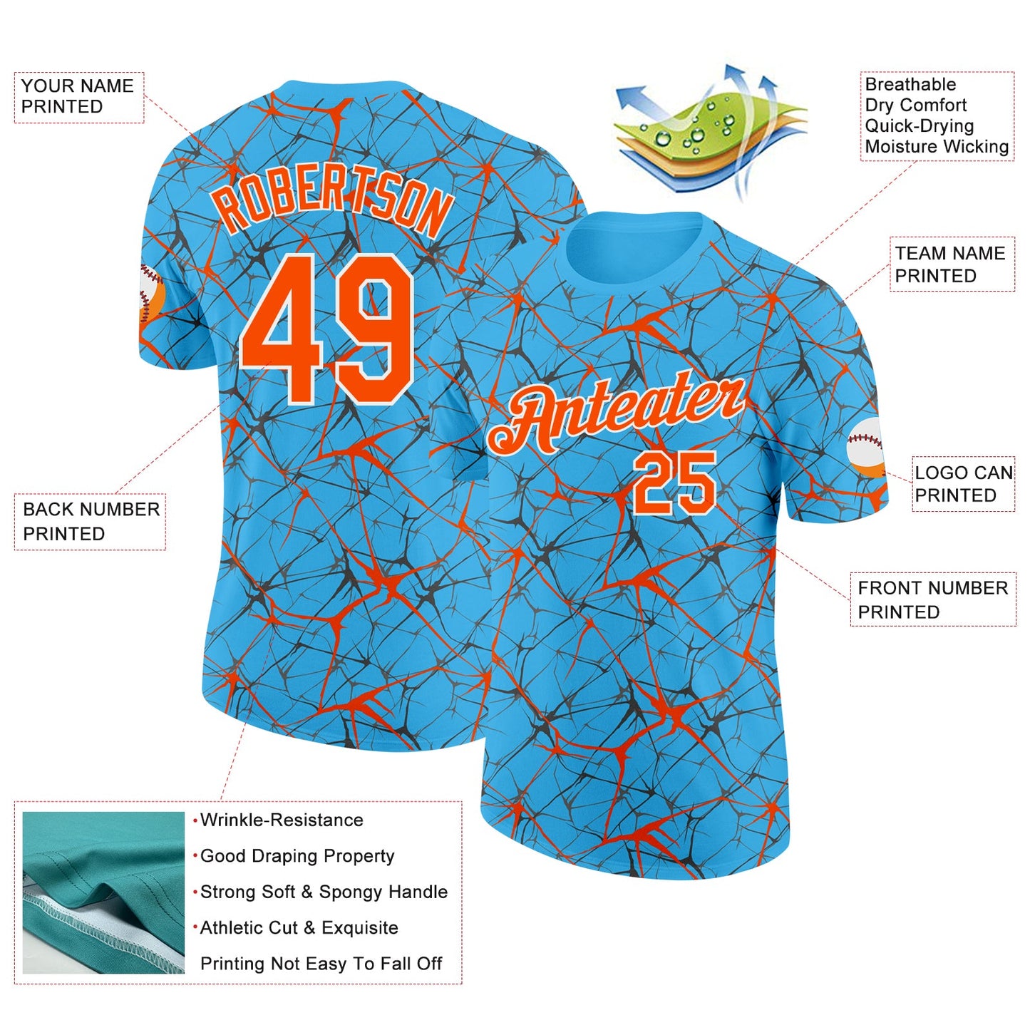 Custom Sky Blue Orange Gray-White Abstract Network Crackle Performance T-Shirt