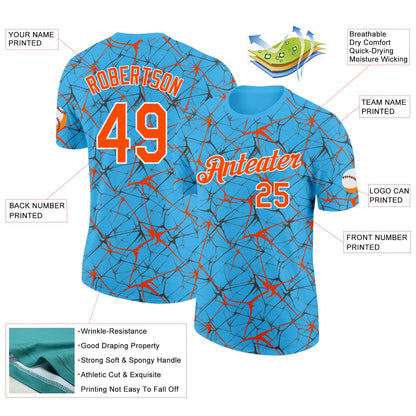Custom Sky Blue Orange Gray-White Abstract Network Crackle Performance T-Shirt