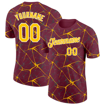 Custom Burgundy Yellow Gray-White Abstract Network Crackle Performance T-Shirt
