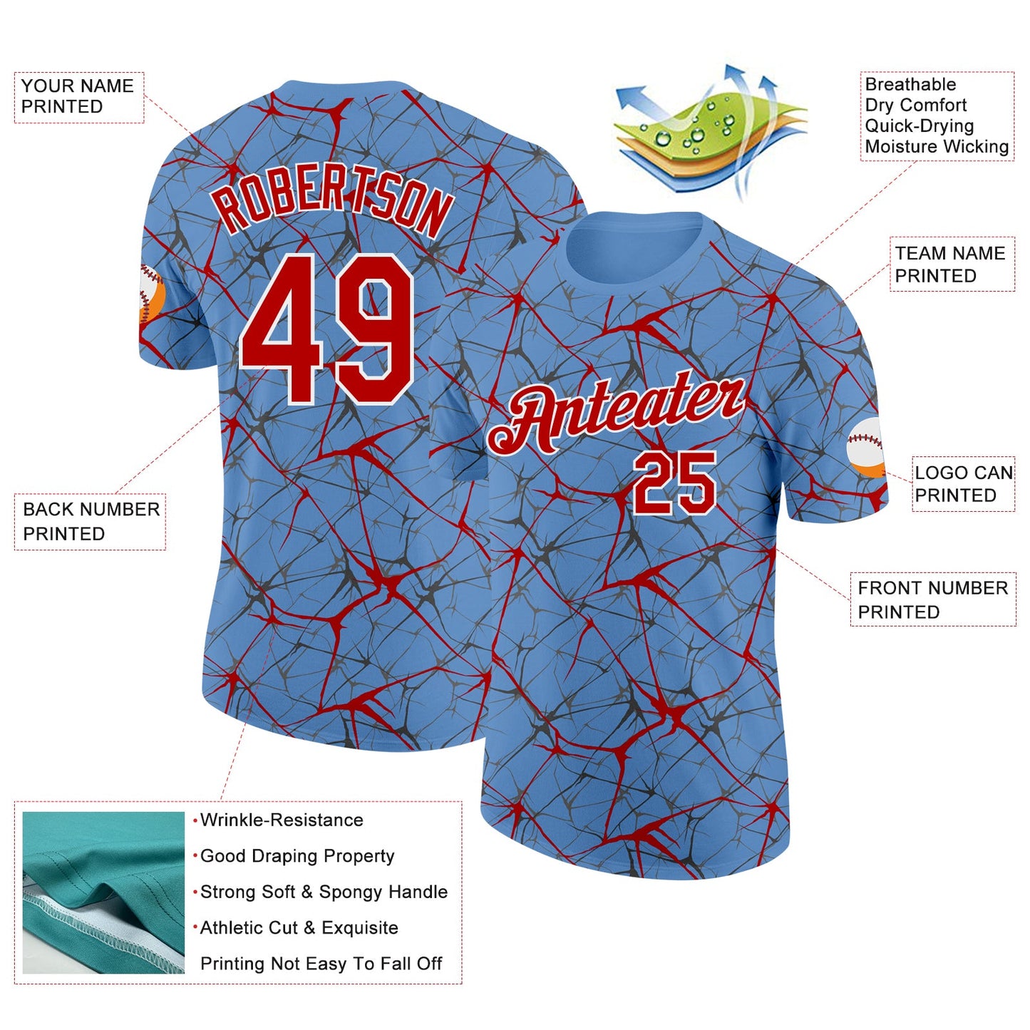 Custom Light Blue Red Gray-White Abstract Network Crackle Performance T-Shirt