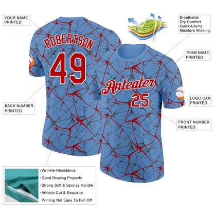 Custom Light Blue Red Gray-White Abstract Network Crackle Performance T-Shirt