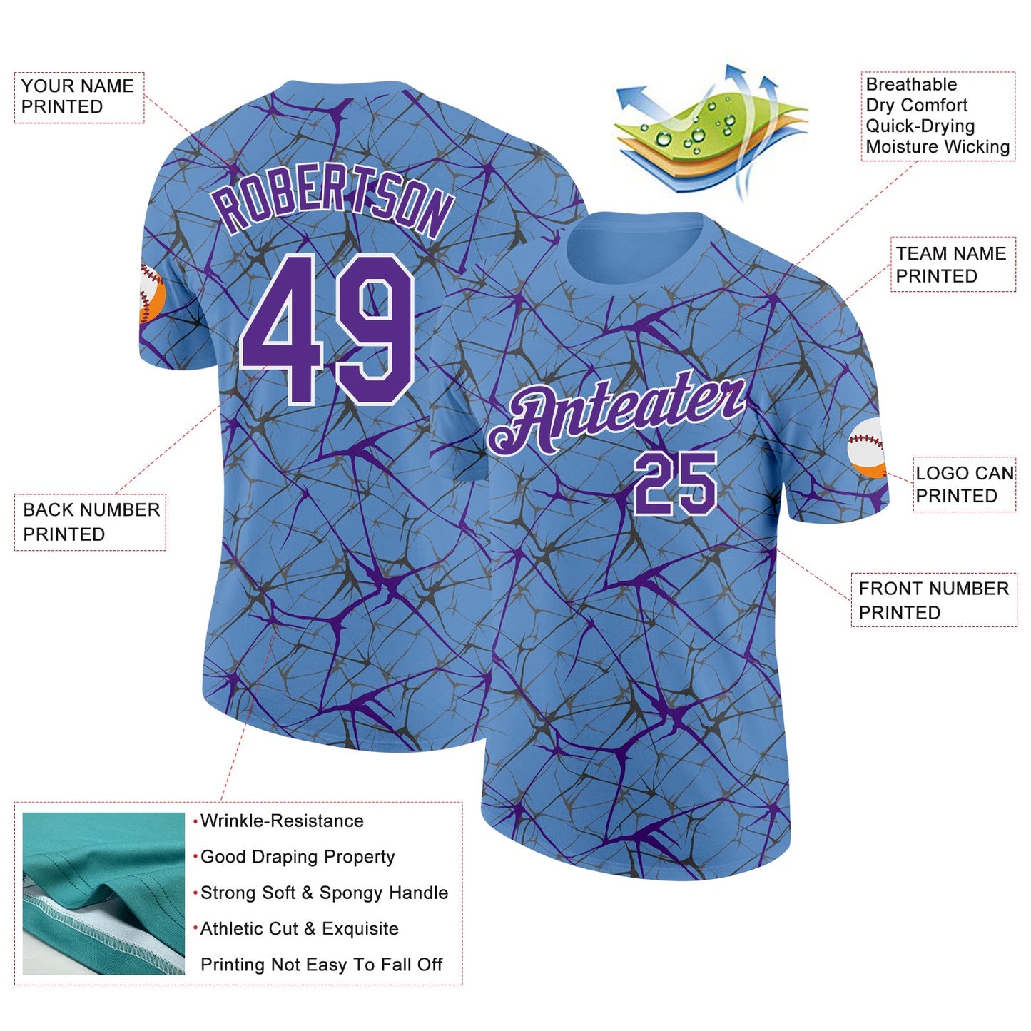 Custom Light Blue Purple Gray-White Abstract Network Crackle Performance T-Shirt