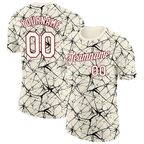 Custom Cream Black Gray-Crimson Abstract Network Crackle Performance T-Shirt
