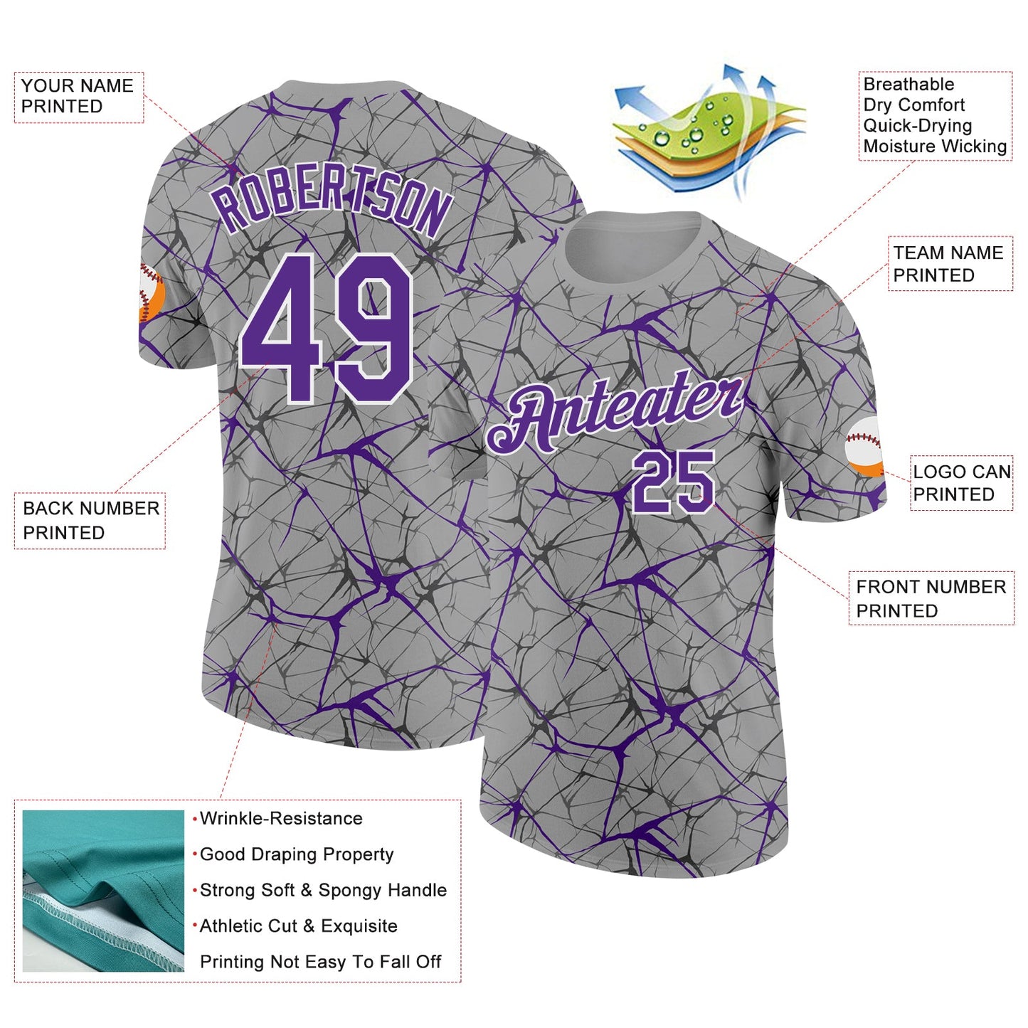 Custom Gray Purple-White Abstract Network Crackle Performance T-Shirt