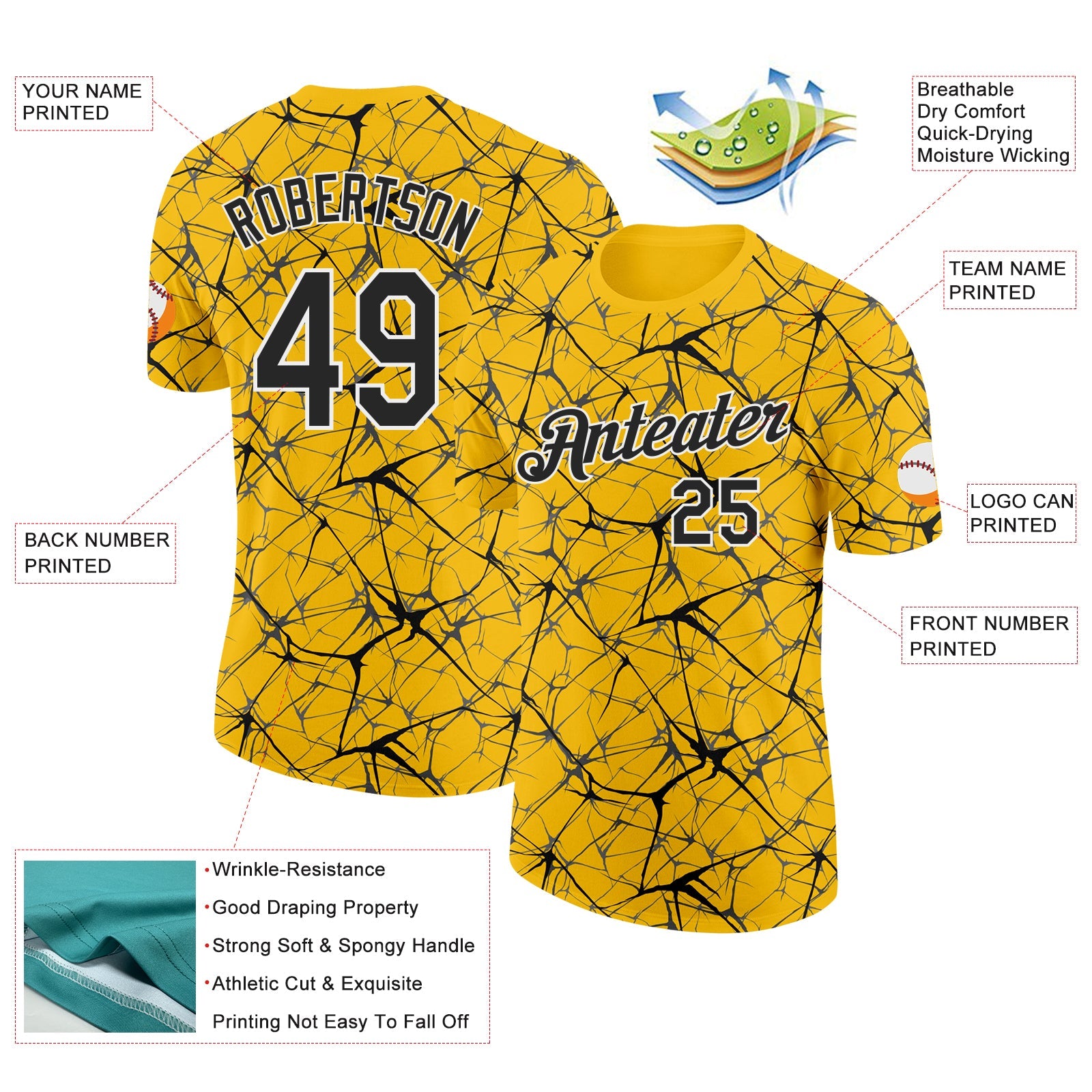 Custom Yellow Black Gray-White Abstract Network Crackle Performance T-Shirt