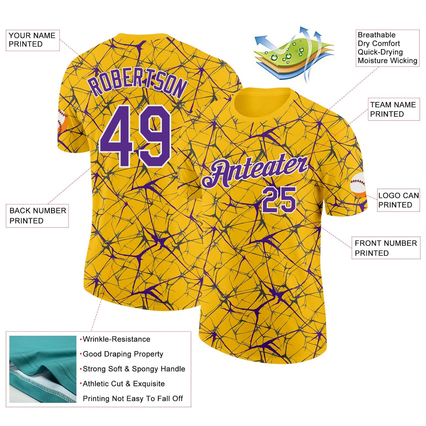Custom Yellow Purple Gray-White Abstract Network Crackle Performance T-Shirt
