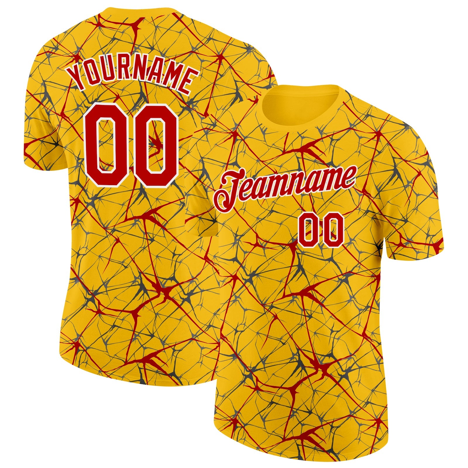 Custom Yellow Red Gray-White Abstract Network Crackle Performance T-Shirt