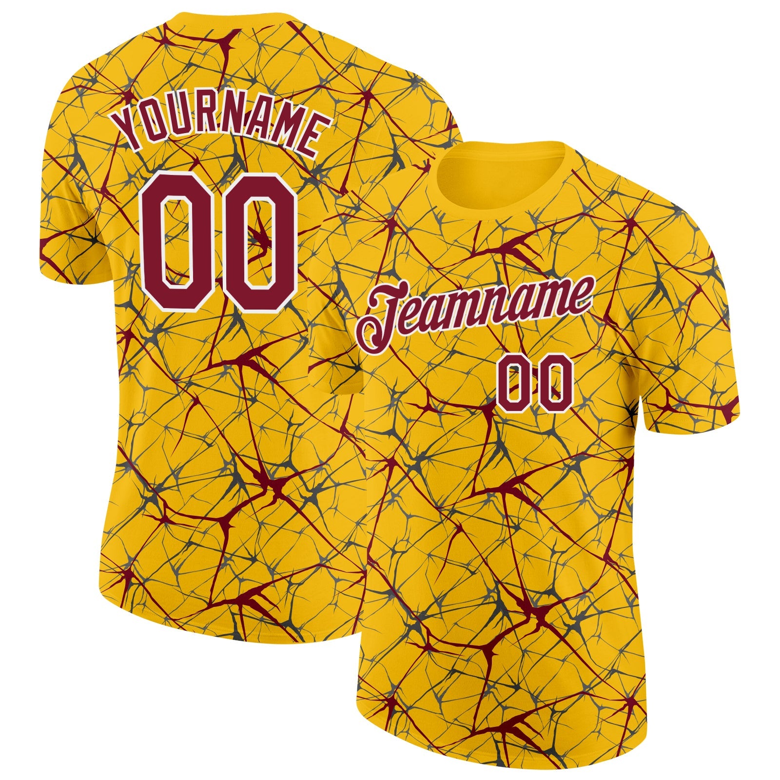 Custom Yellow Crimson Gray-White Abstract Network Crackle Performance T-Shirt