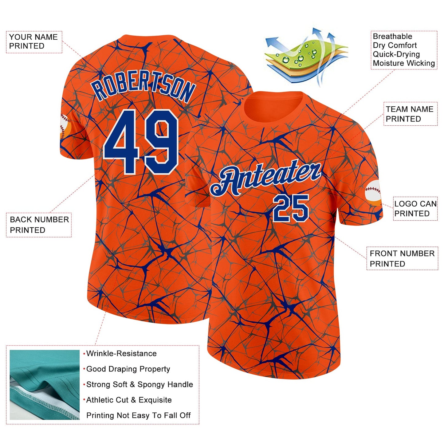 Custom Orange Royal Gray-White Abstract Network Crackle Performance T-Shirt