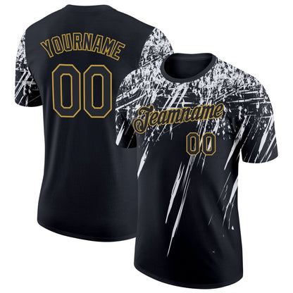 Custom Black White-Old Gold Distressed Scratch Brush Stroke Performance T-Shirt