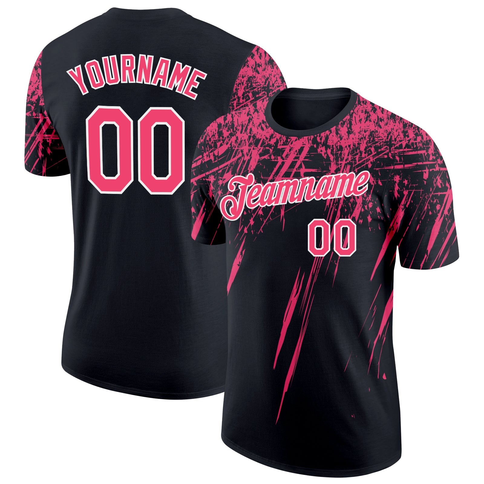 Custom Black Neon Pink-White Distressed Scratch Brush Stroke Performance T-Shirt