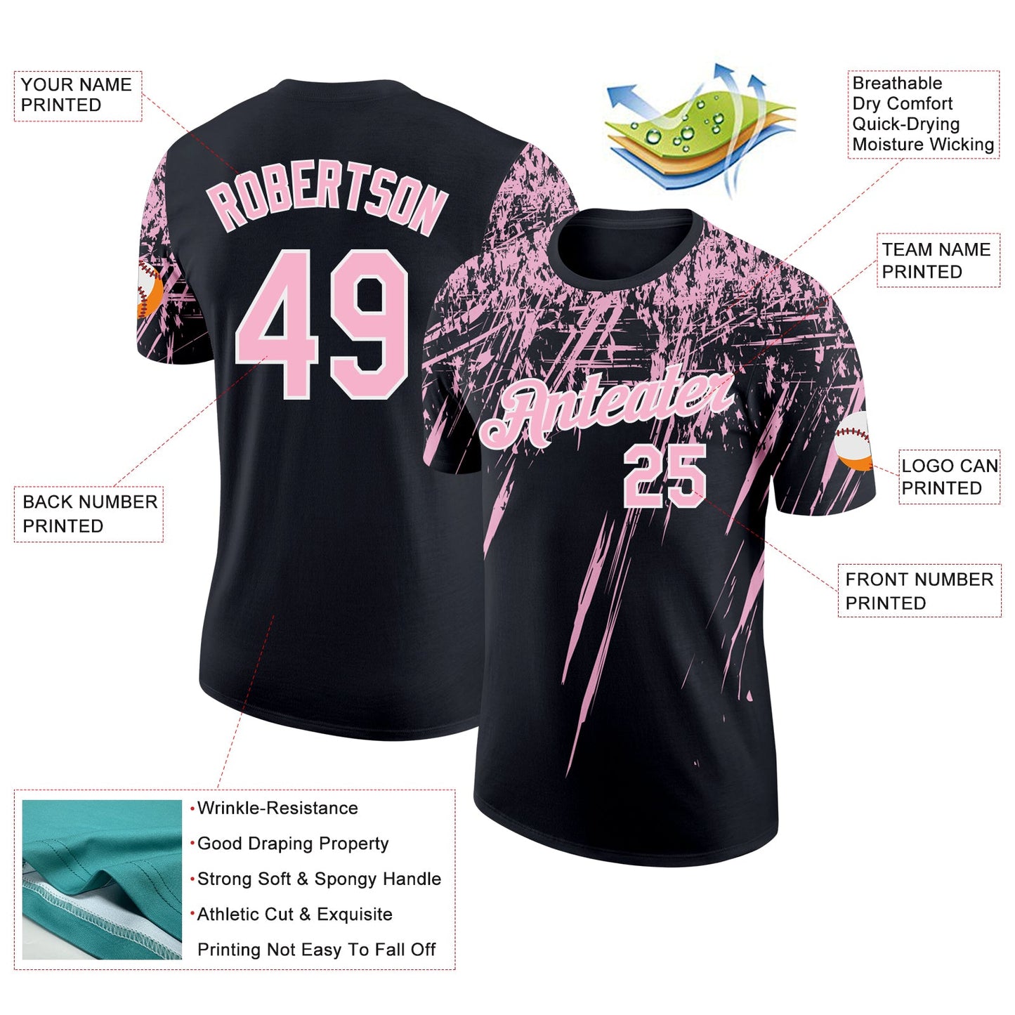 Custom Black Light Pink-White Distressed Scratch Brush Stroke Performance T-Shirt