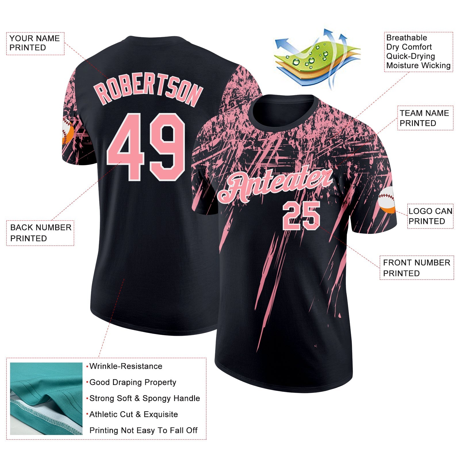Custom Black Medium Pink-White Distressed Scratch Brush Stroke Performance T-Shirt