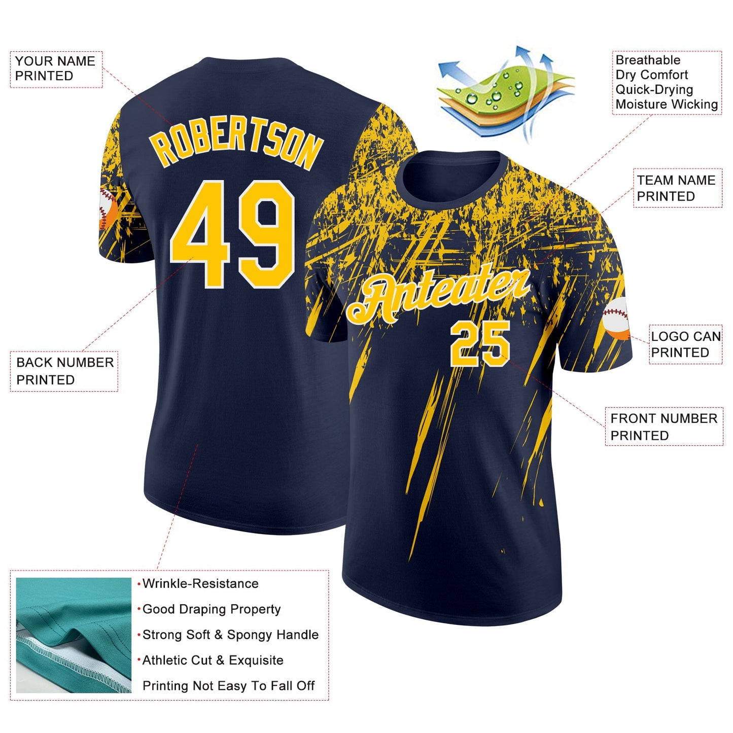 Custom Navy Yellow-White Distressed Scratch Brush Stroke Performance T-Shirt