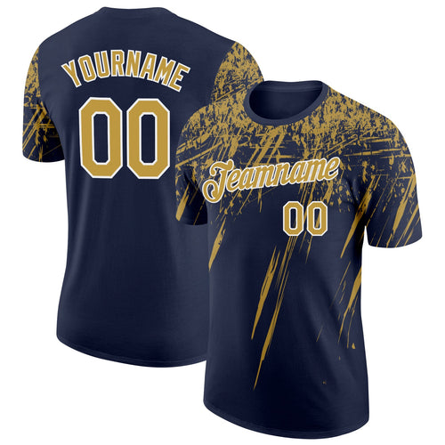 Custom Navy Old Gold-White Distressed Scratch Brush Stroke Performance T-Shirt