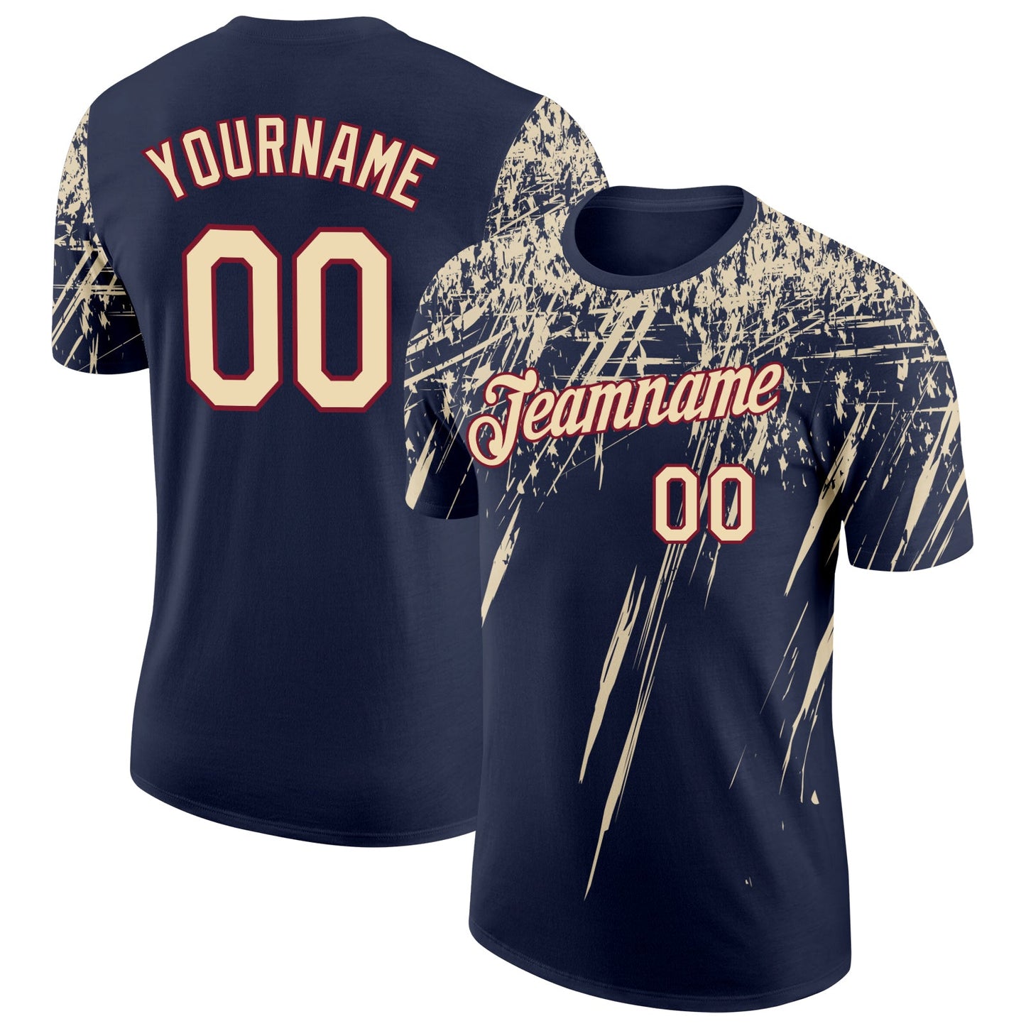 Custom Navy Cream-Crimson Distressed Scratch Brush Stroke Performance T-Shirt