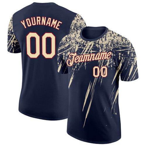 Custom Navy Cream-Crimson Distressed Scratch Brush Stroke Performance T-Shirt