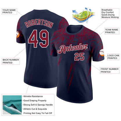 Custom Navy Crimson-White Distressed Scratch Brush Stroke Performance T-Shirt