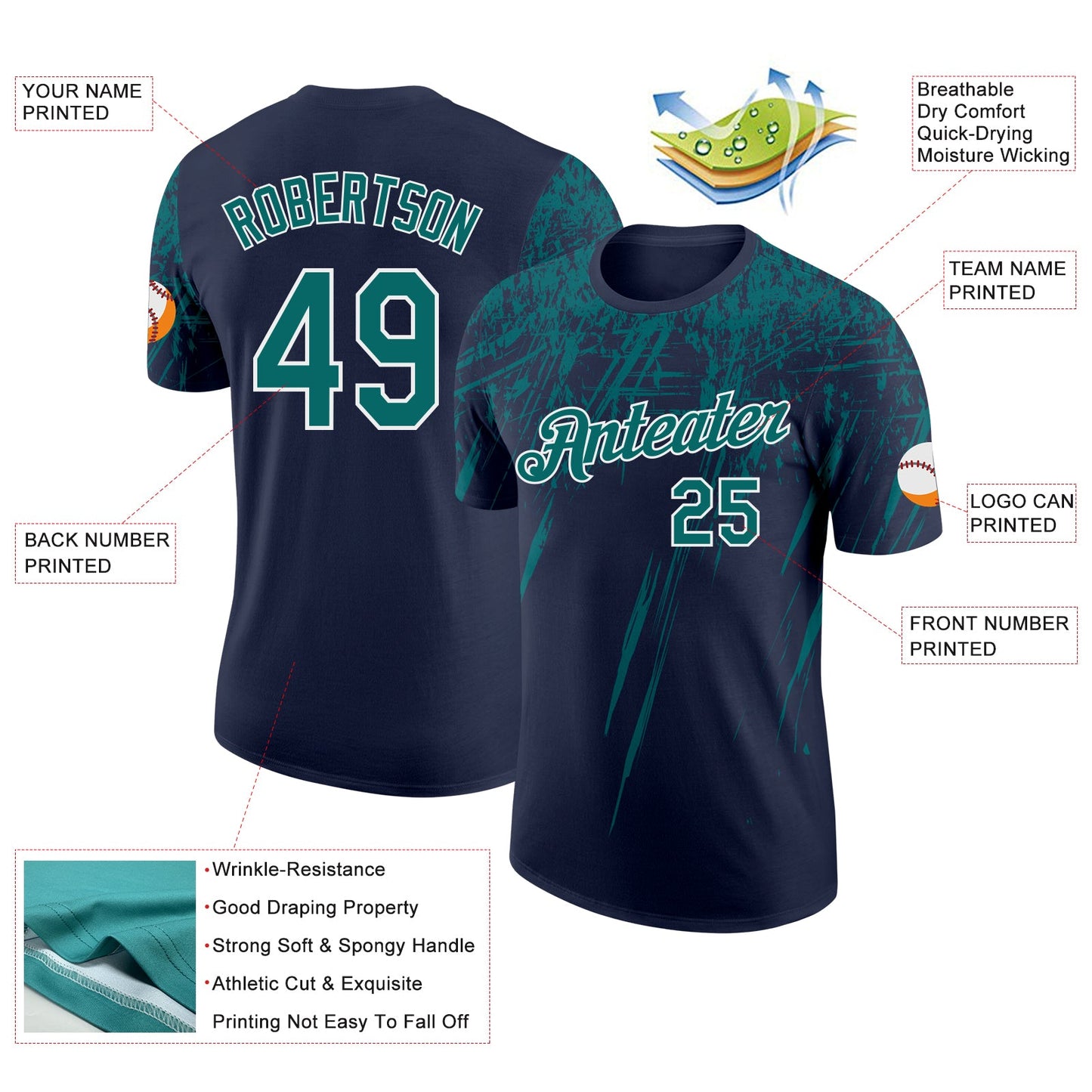 Custom Navy Teal-White Distressed Scratch Brush Stroke Performance T-Shirt