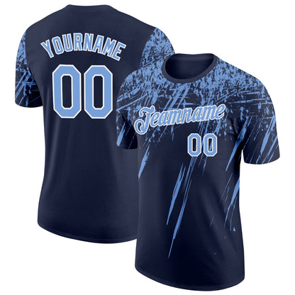 Custom Navy Powder Blue-White Distressed Scratch Brush Stroke Performance T-Shirt