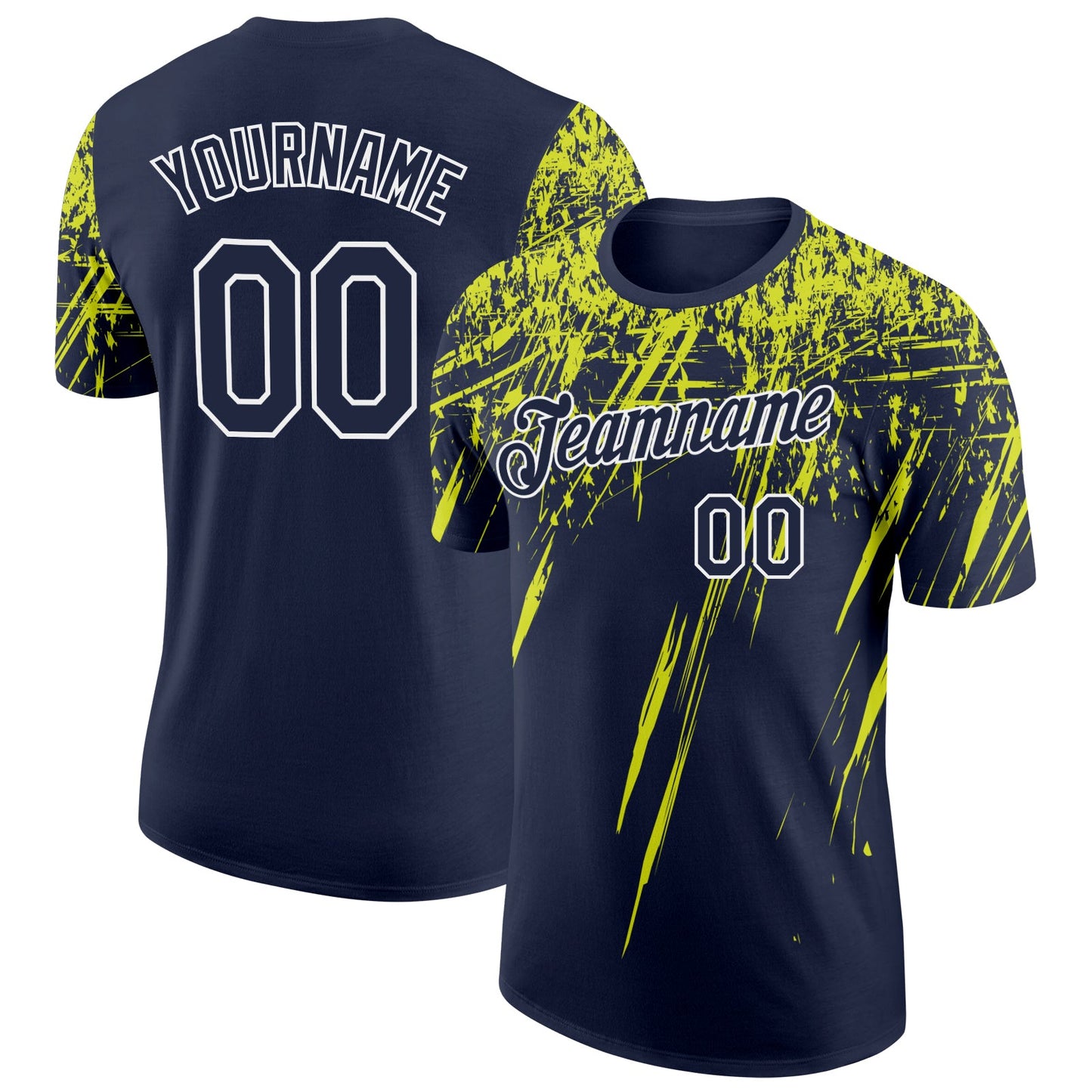Custom Navy Neon Yellow-White Distressed Scratch Brush Stroke Performance T-Shirt