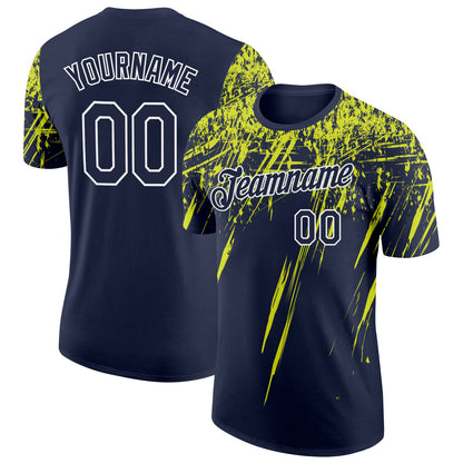 Custom Navy Neon Yellow-White Distressed Scratch Brush Stroke Performance T-Shirt