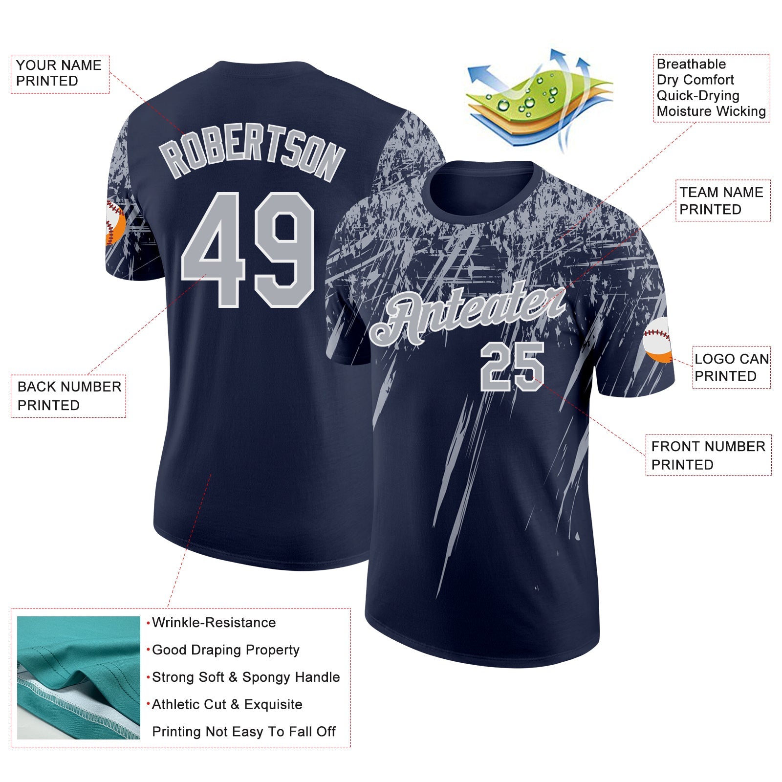 Custom Navy Gray-White Distressed Scratch Brush Stroke Performance T-Shirt