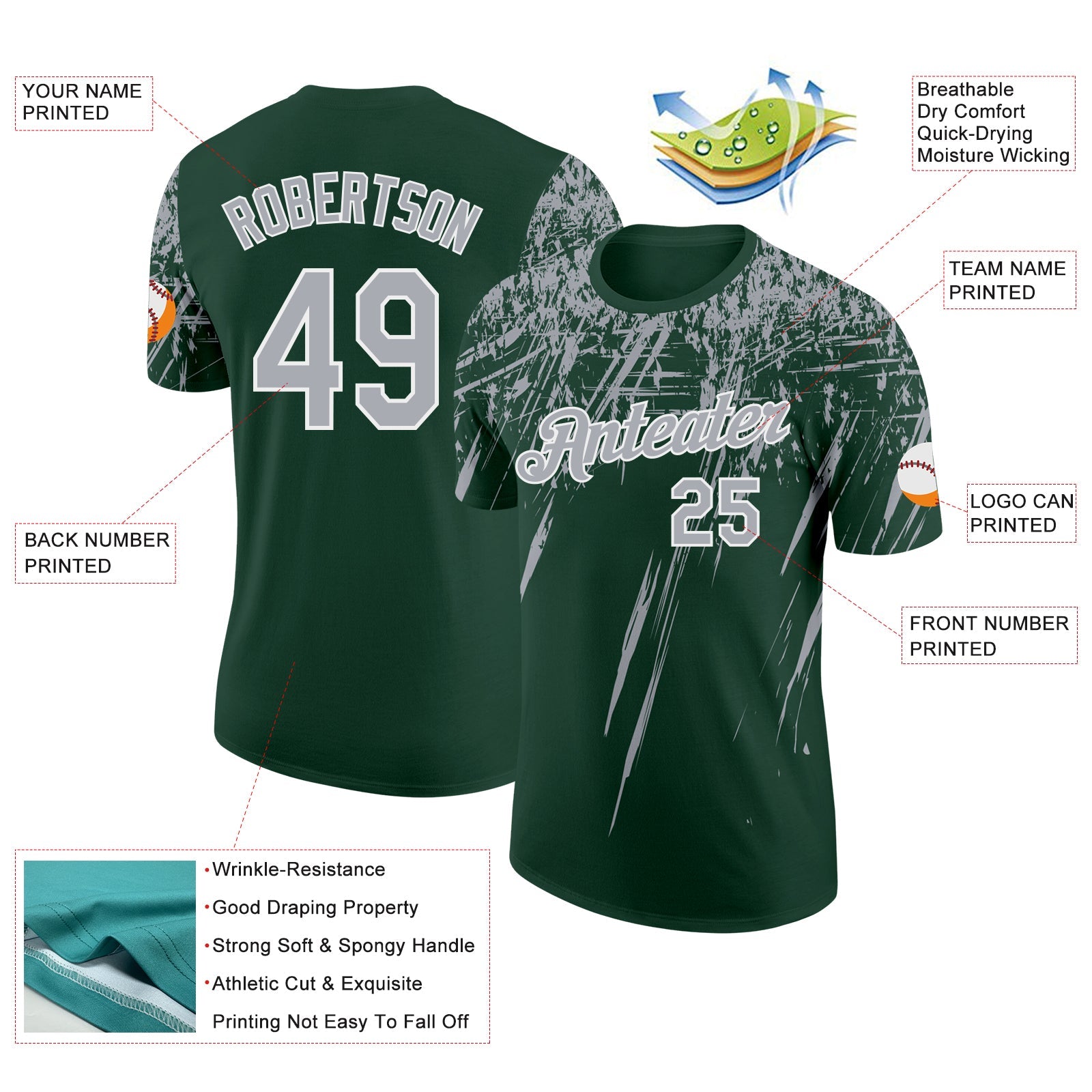 Custom Green Gray-White Distressed Scratch Brush Stroke Performance T-Shirt