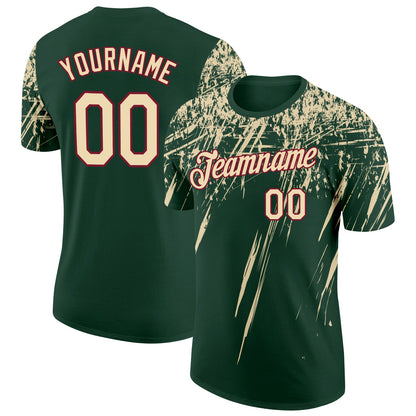 Custom Green Cream-Crimson Distressed Scratch Brush Stroke Performance T-Shirt