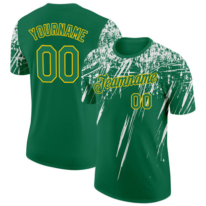Custom Kelly Green White-Yellow Distressed Scratch Brush Stroke Performance T-Shirt