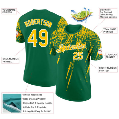 Custom Kelly Green Yellow-White Distressed Scratch Brush Stroke Performance T-Shirt
